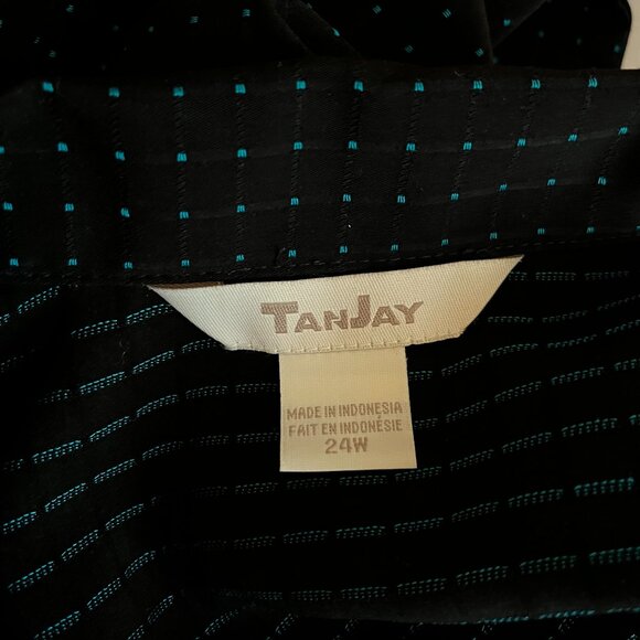 TanJay Plus Size 24W Textured Button-Up Shirt 3/4 Sleeve Black Teal - Picture 2 of 9